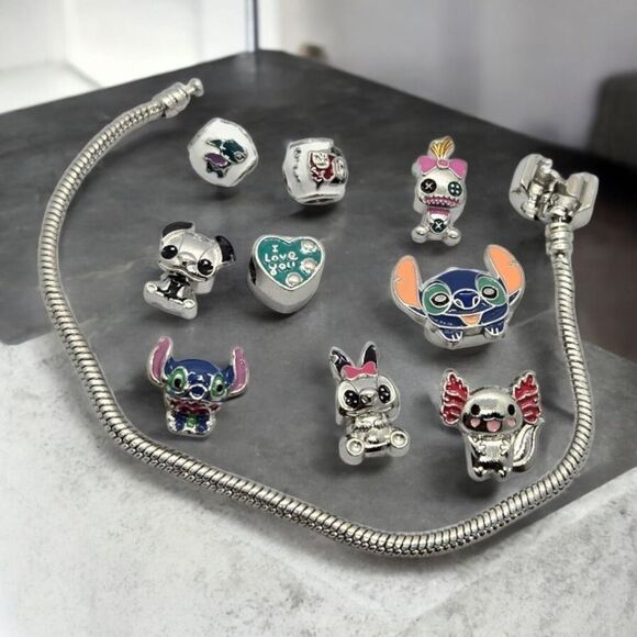 Lilo & Stitch Charm Bracelet + 9 Charms Disney Blue Koala Silver Fashion Jewelry - Picture 2 of 2